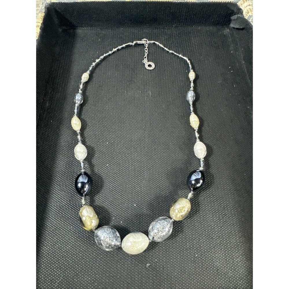 Murrina Murano Glass Beaded Blue, Gold, Silver, Black Necklace Jewelry Used